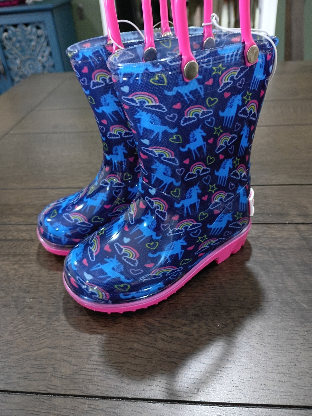 London Fog Kids Rain Boots - Navy with Pink Soles and Handles